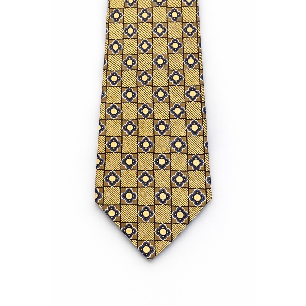 Vintage‎ Carlo Palazzi Silk Tie Gold Navy Geometric Medallion Retro 90s